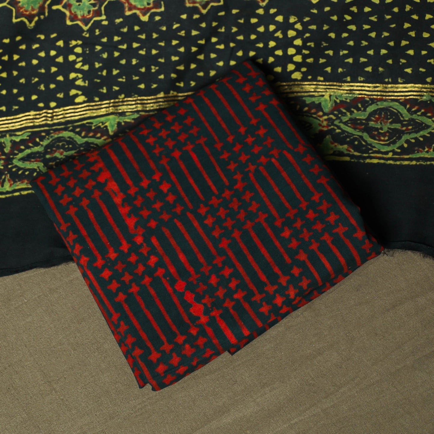 Chanderi silk hand block ajrakh print 3pc unstitched dress