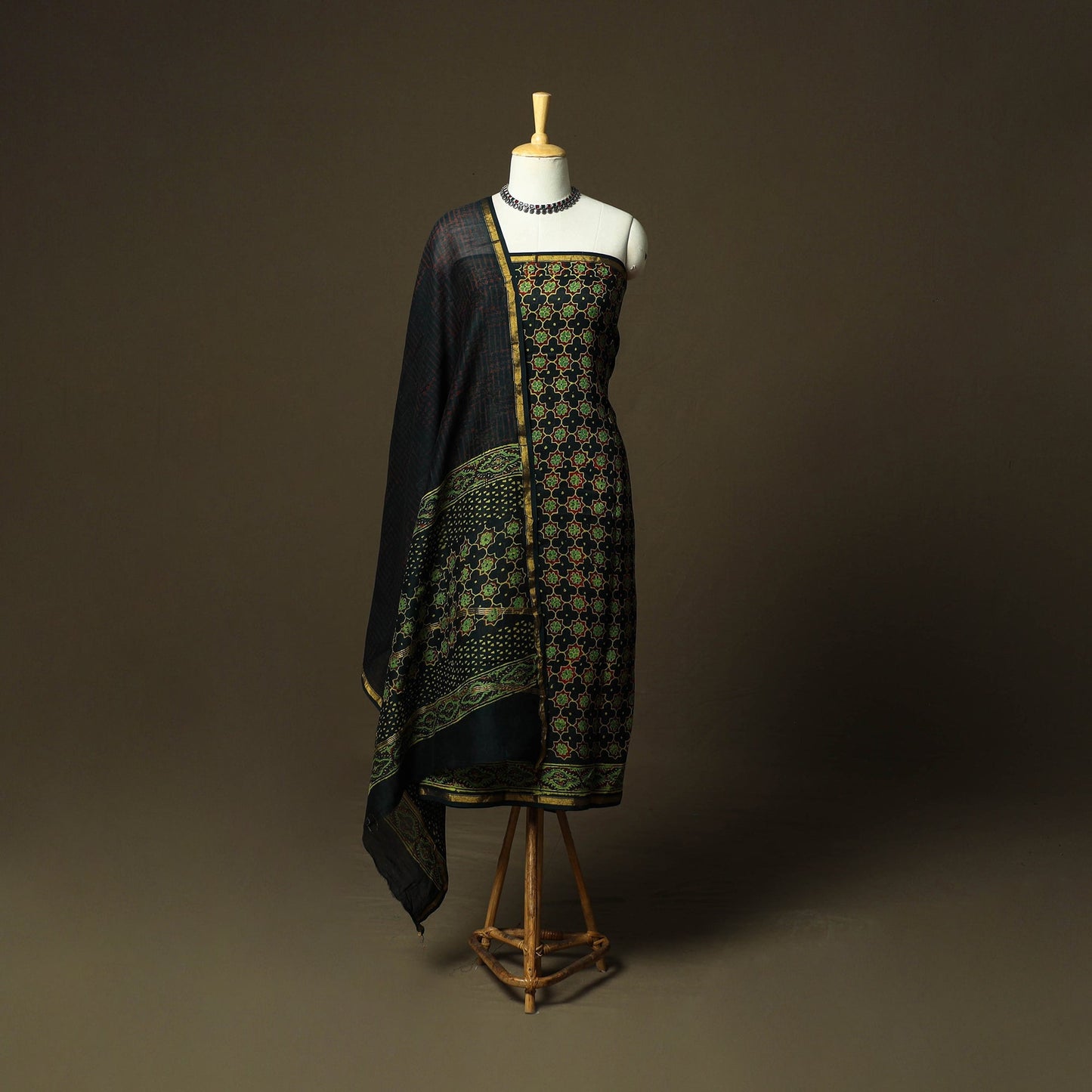 Chanderi silk hand block ajrakh print 3pc unstitched dress