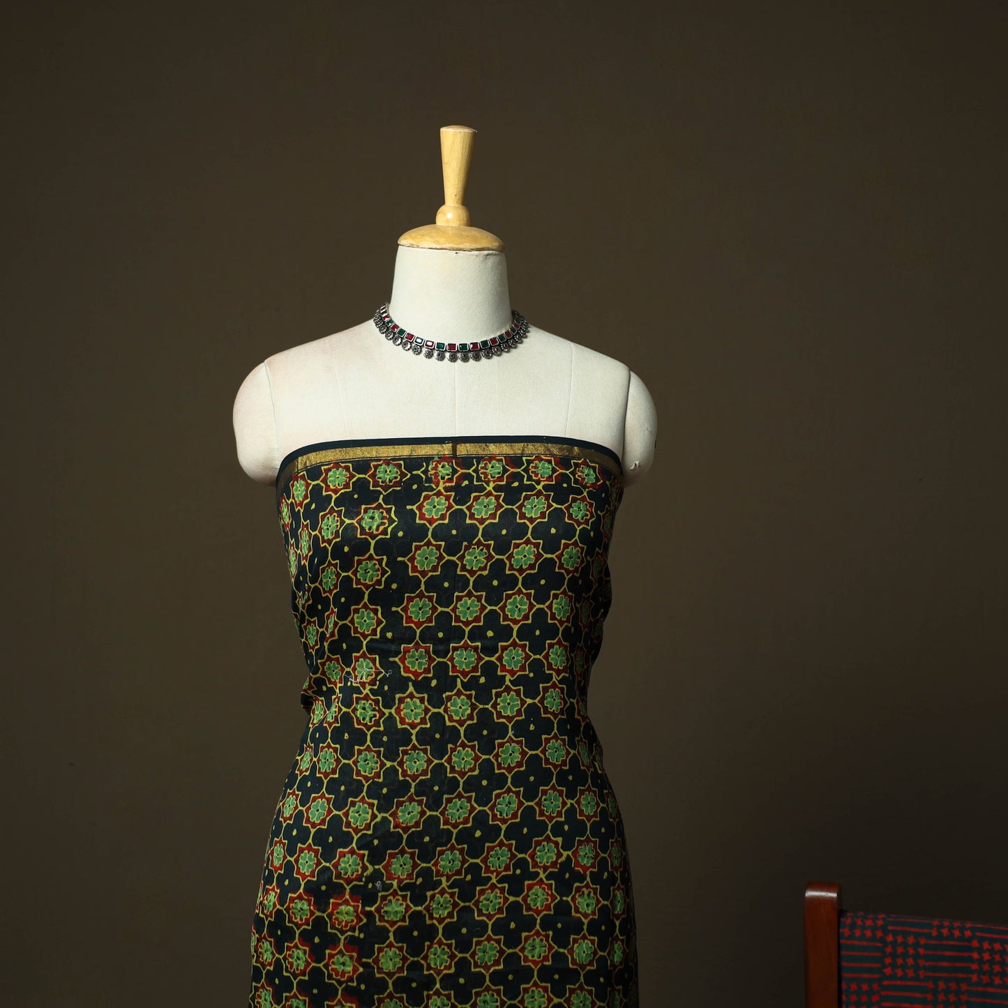 Chanderi silk hand block ajrakh print 3pc unstitched dress