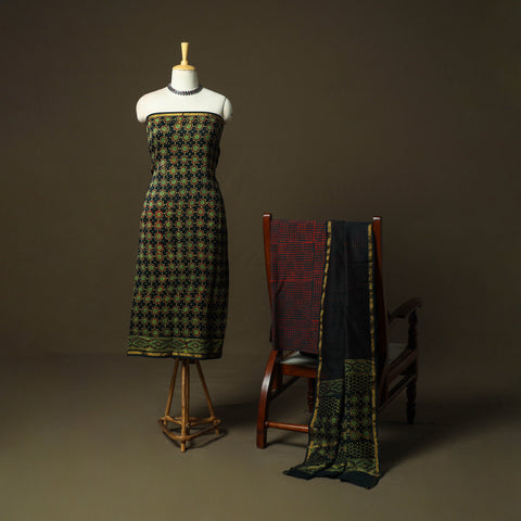 Chanderi silk hand block ajrakh print 3pc unstitched dress