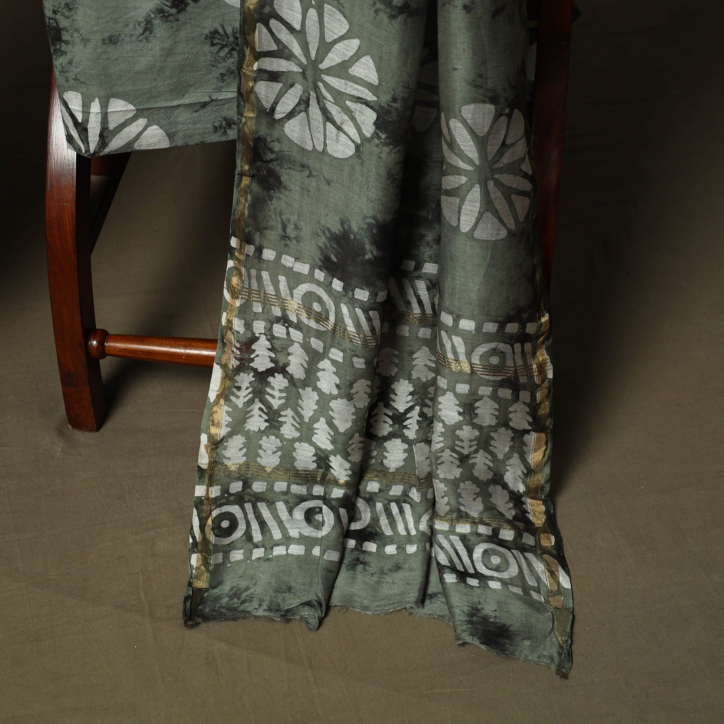 Chanderi silk hand block bagru print 3pc unstitched dress