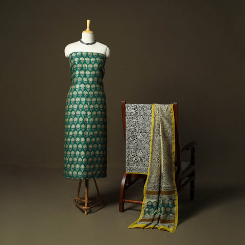 Chanderi silk hand block bagru print 3pc unstitched dress