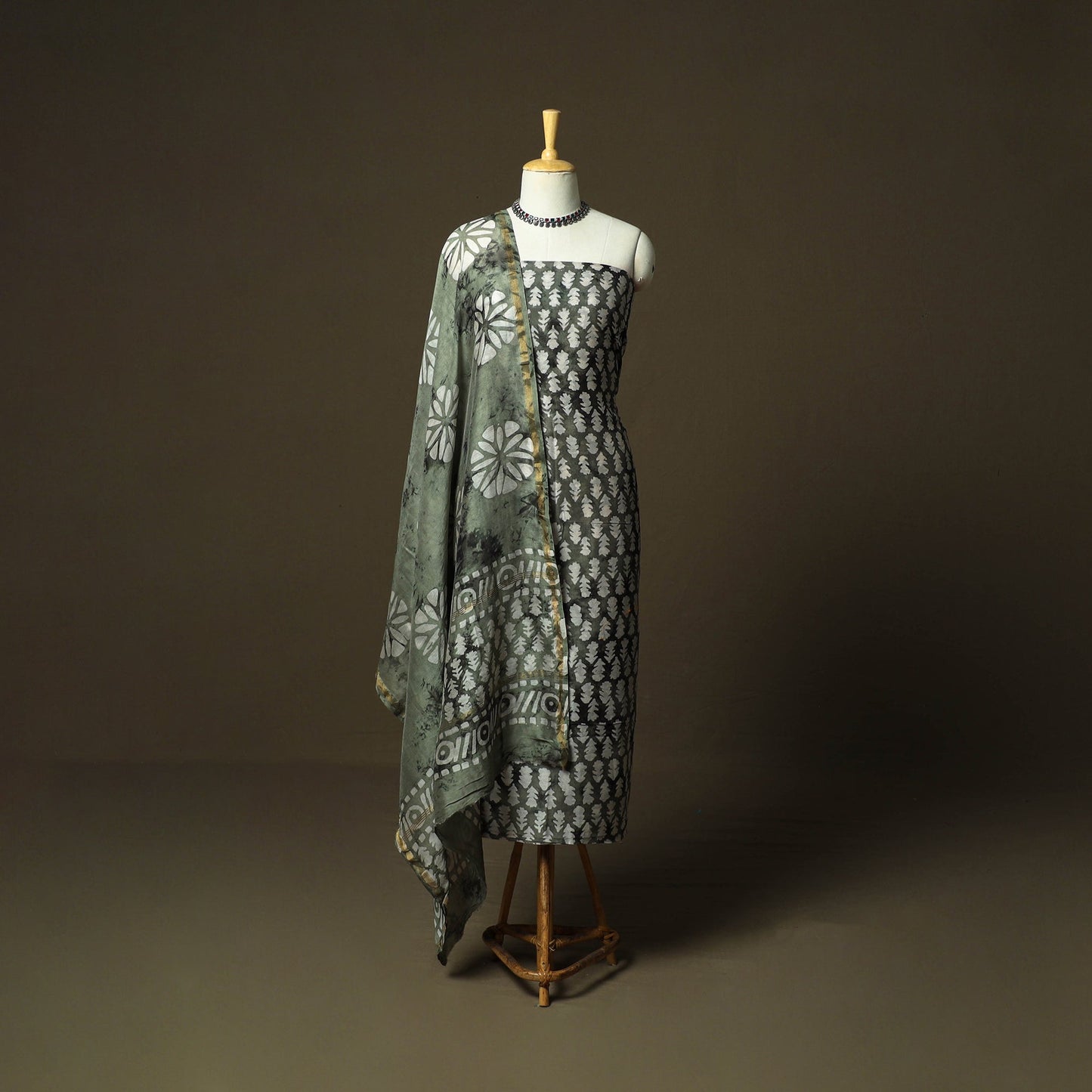 Chanderi silk hand block bagru print 3pc unstitched dress