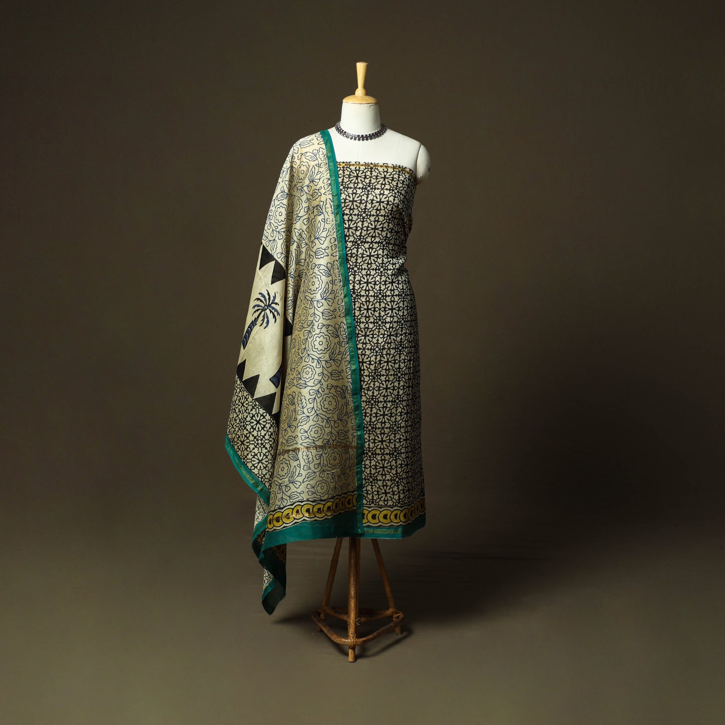 Chanderi silk hand block bagru print 3pc unstitched dress