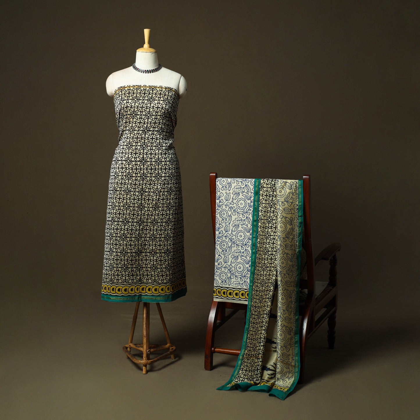 Chanderi silk hand block bagru print 3pc unstitched dress