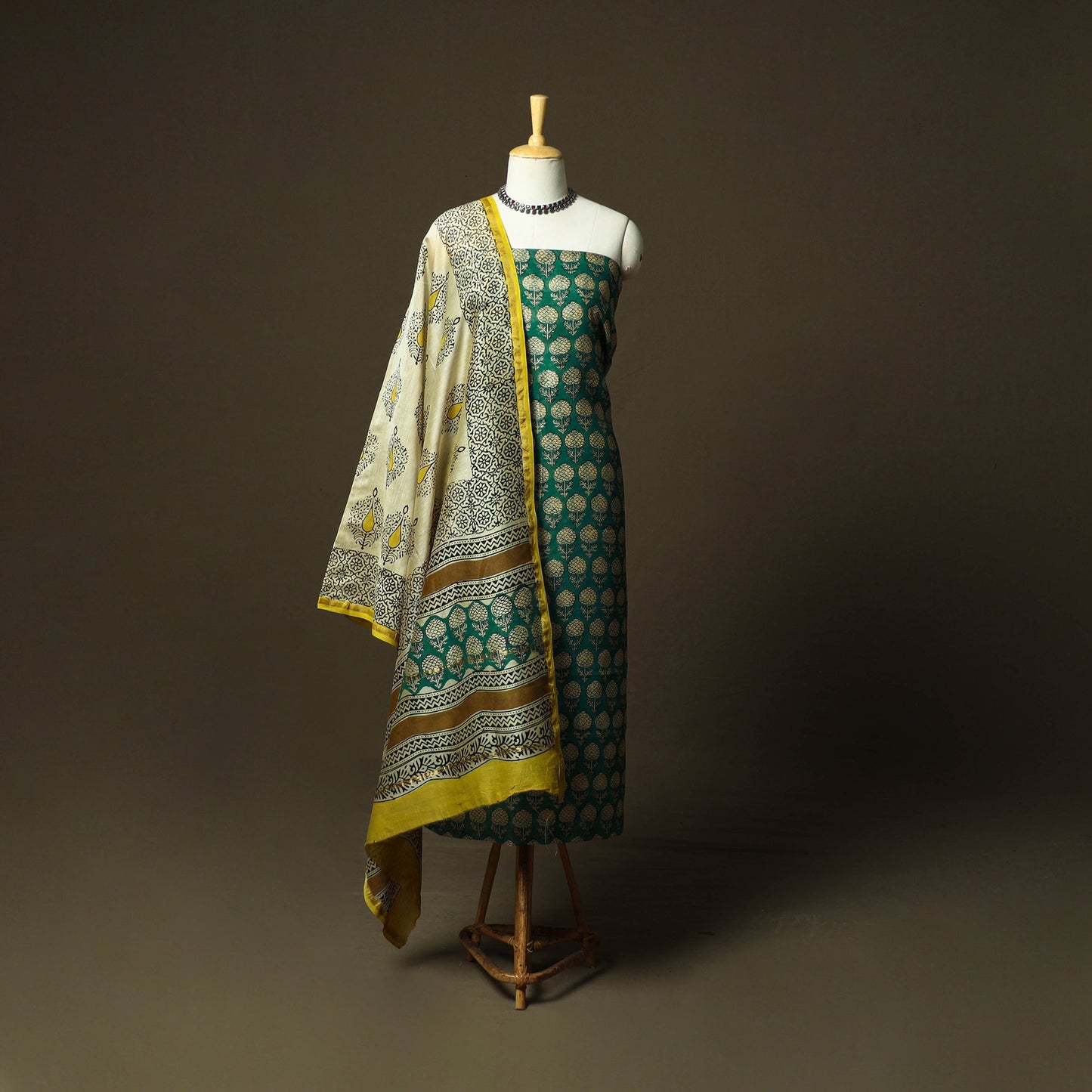 Chanderi silk hand block bagru print 3pc unstitched dress