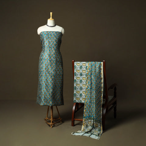 Chanderi silk hand block sanganeri print 3pc unstitched