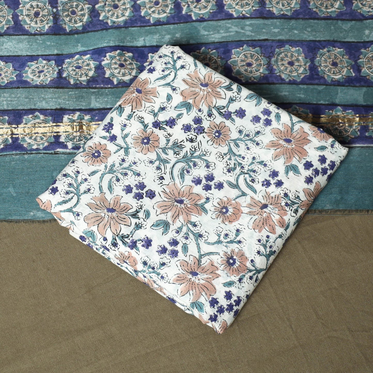 Chanderi silk hand block sanganeri print 3pc unstitched