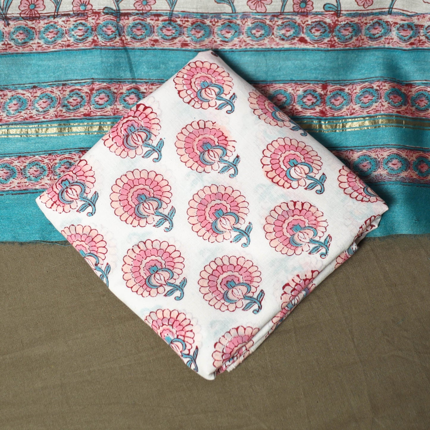 Chanderi silk hand block sanganeri print 3pc unstitched