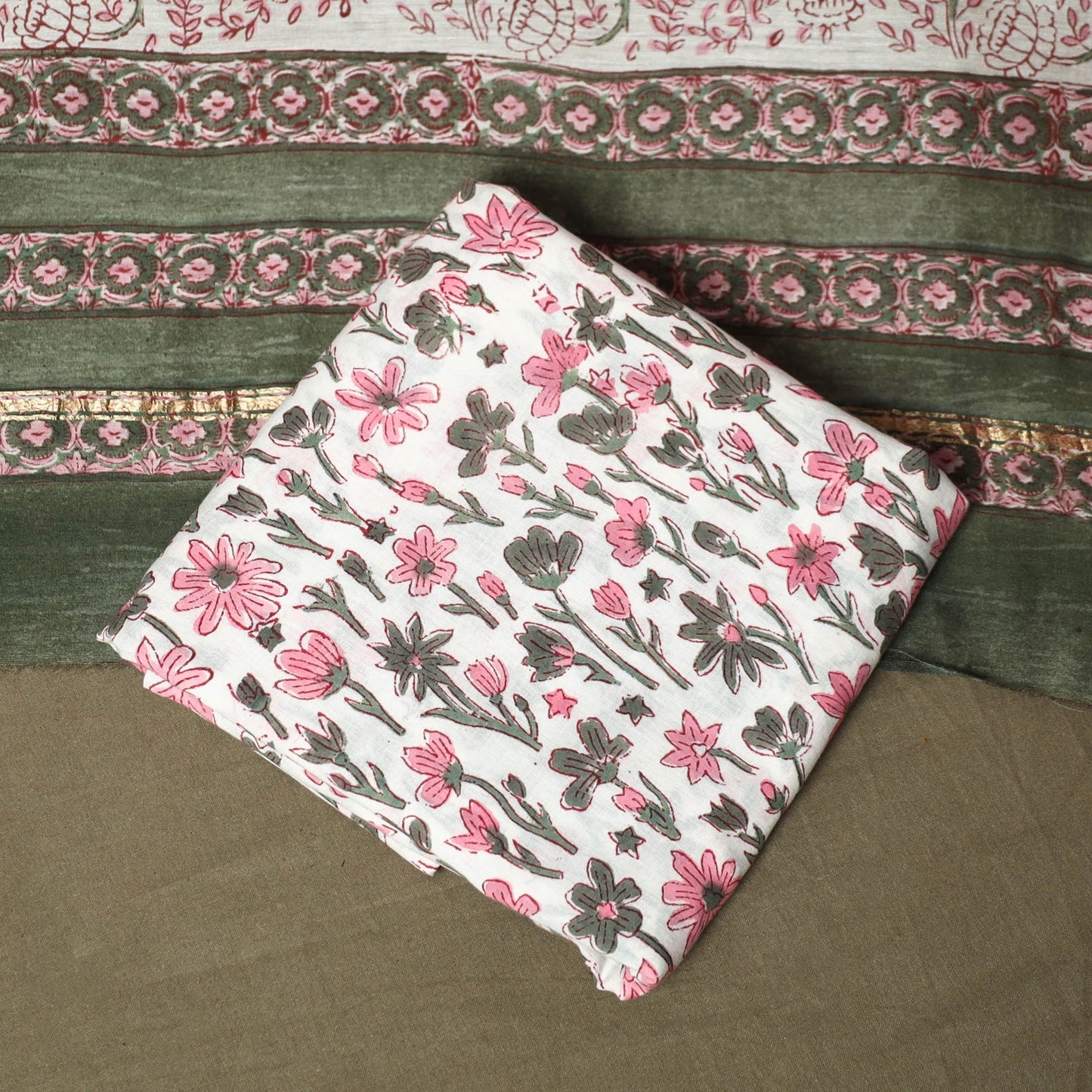 Chanderi silk hand block sanganeri print 3pc unstitched