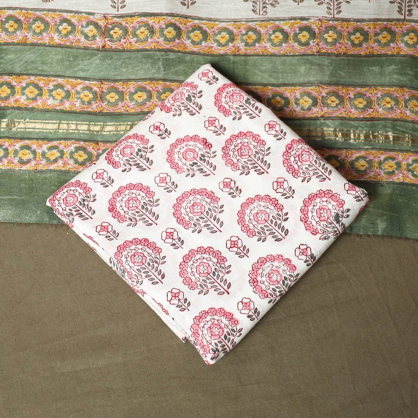 Chanderi silk hand block sanganeri print 3pc unstitched
