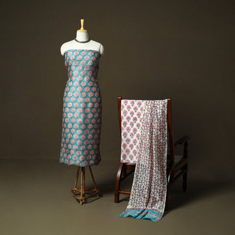 Chanderi silk hand block sanganeri print 3pc unstitched