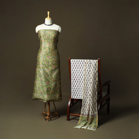 Chanderi silk hand block sanganeri print 3pc unstitched