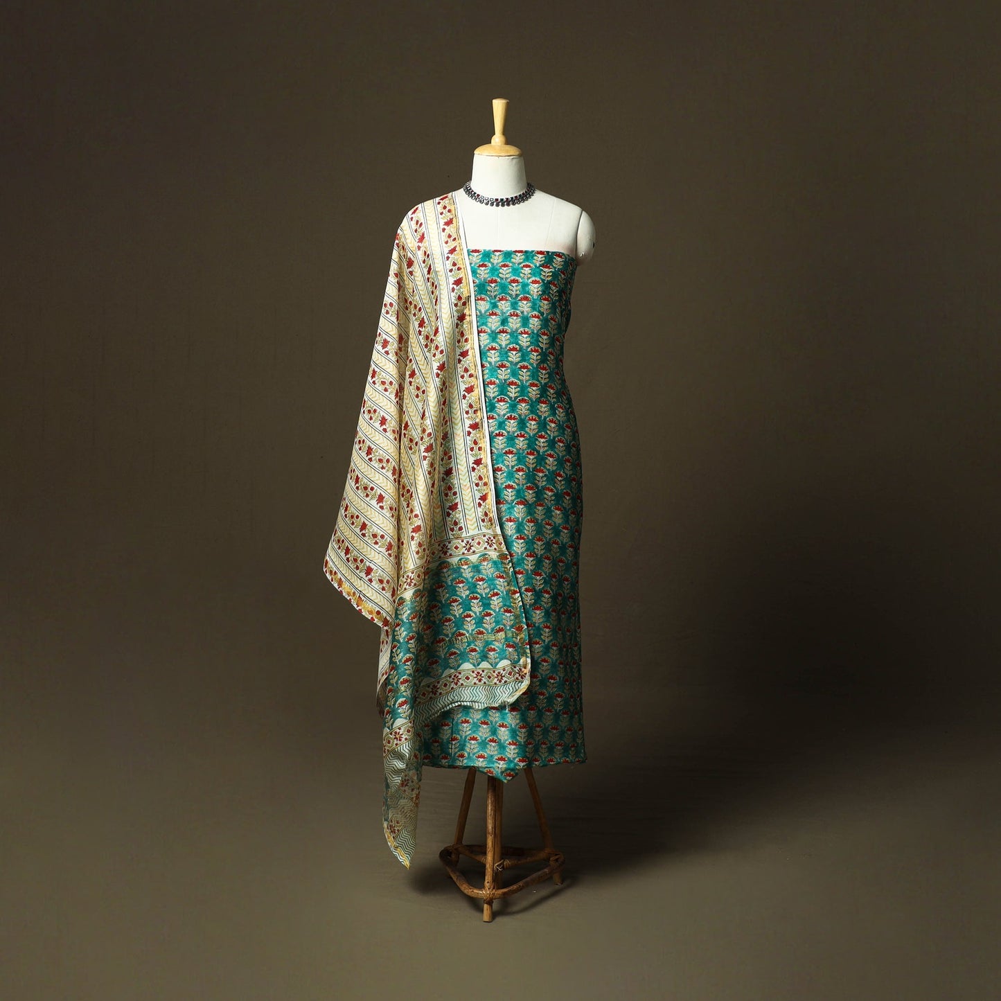Chanderi silk hand block sanganeri print 3pc unstitched