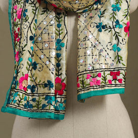 Green - chanderi silk hand embroidered stole 07