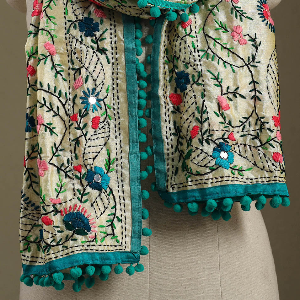 Green - chanderi silk hand embroidered stole 86