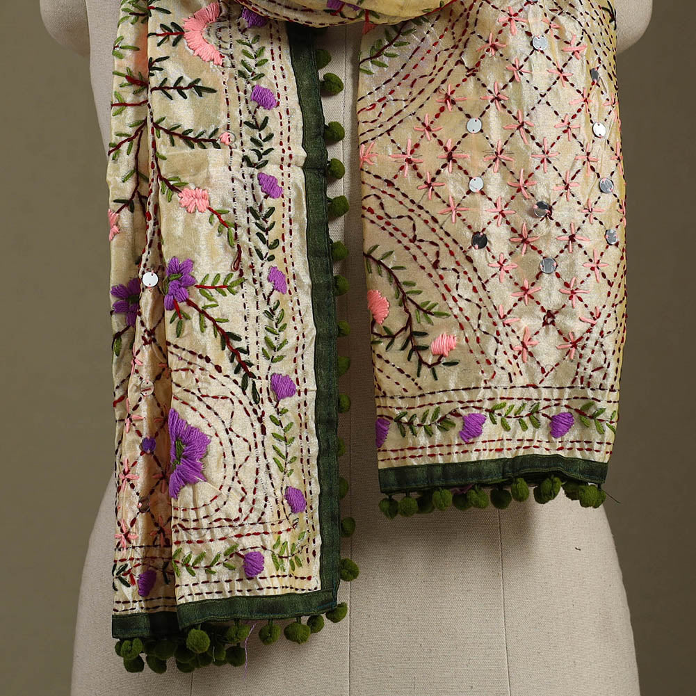 Green Chanderi Silk Hand Embroidered Stole