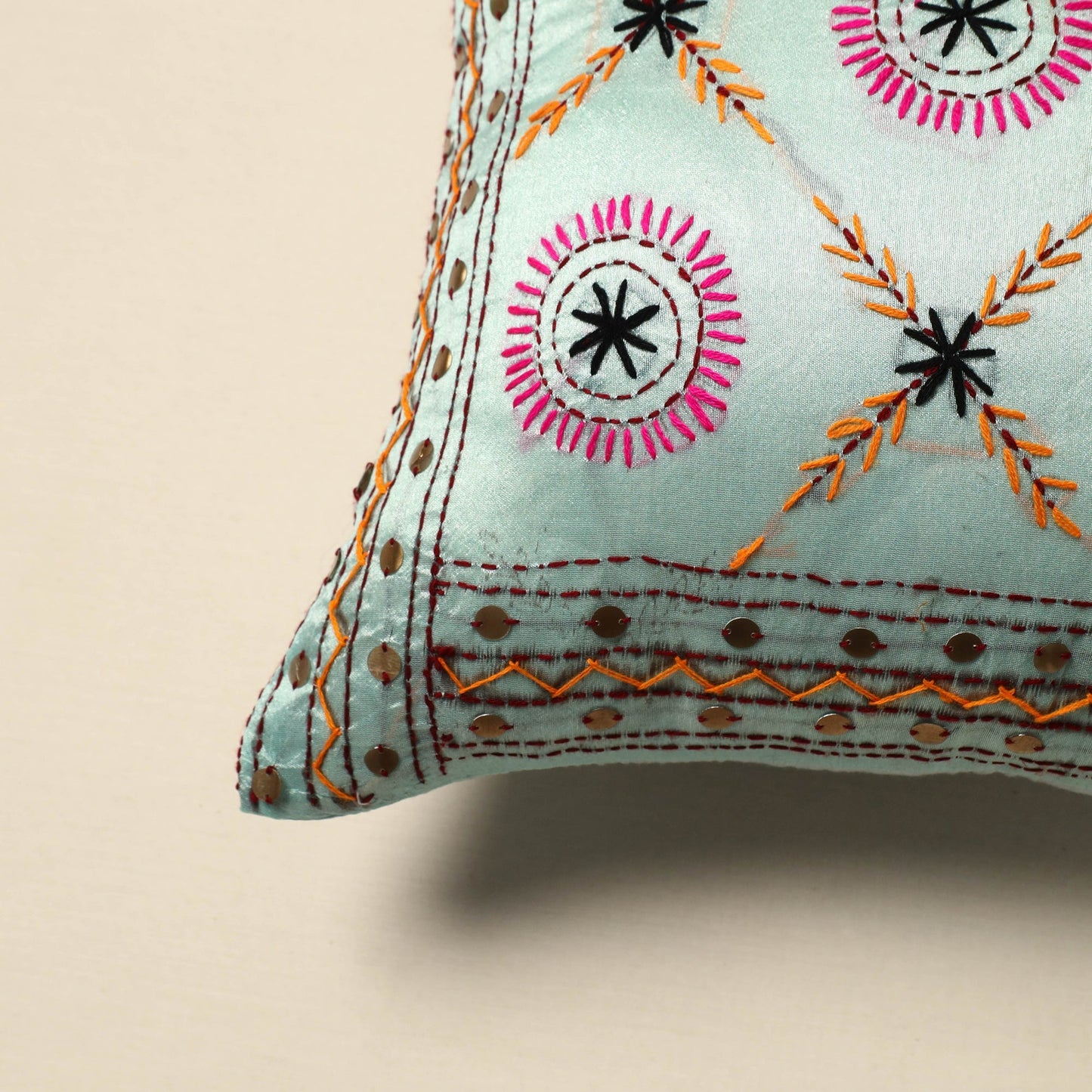 Chanderi silk hand embroidery cushion cover 16 - handcrafted