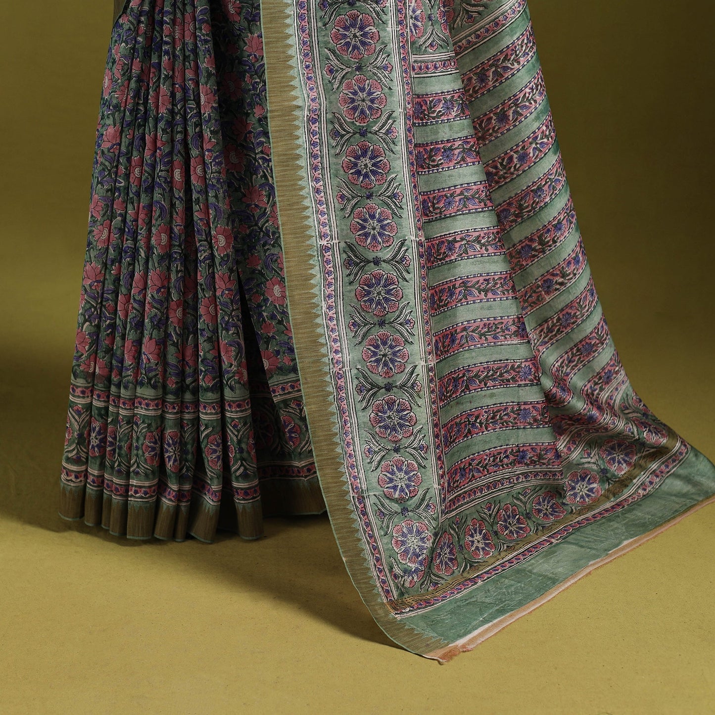 Chanderi silk hand sanganeri saree with ghicha border 12