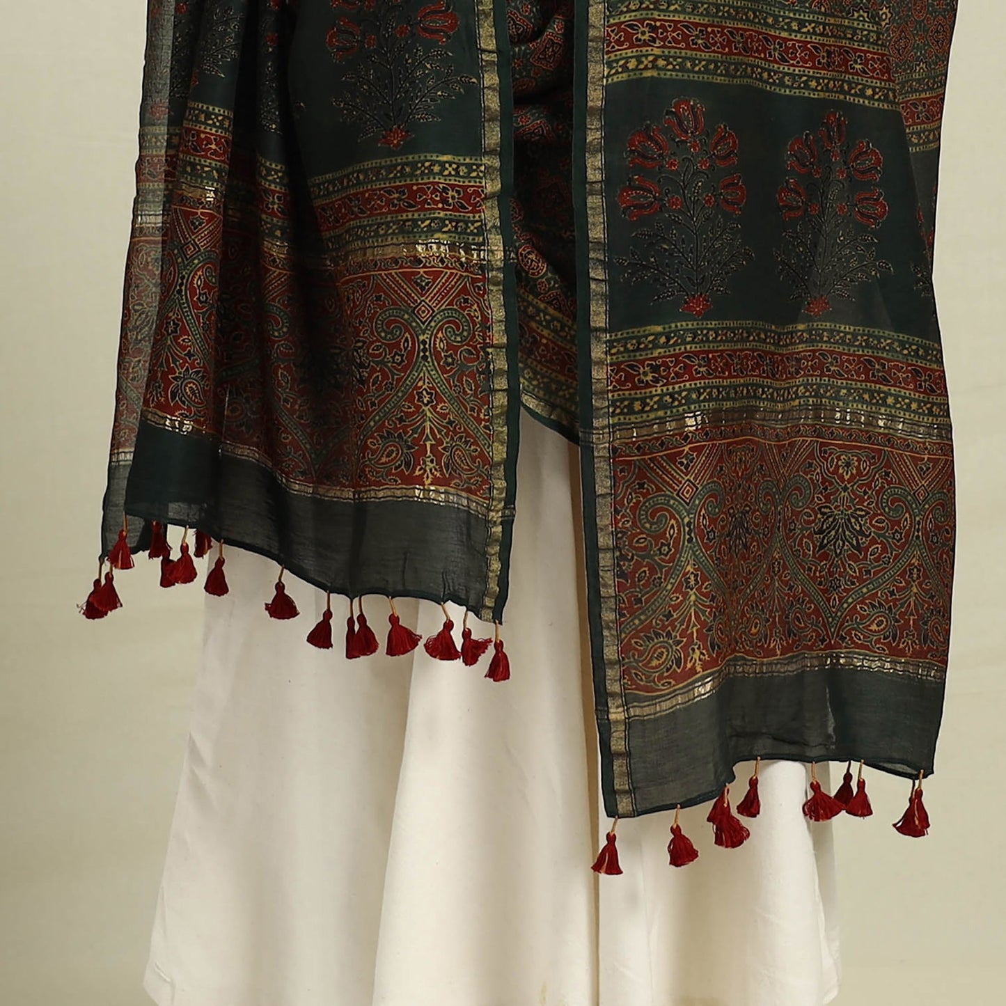 Buy Green Block Print Chanderi Silk Handloom Ajrakh Dupatta