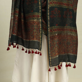 Buy Green Block Print Chanderi Silk Handloom Ajrakh Dupatta