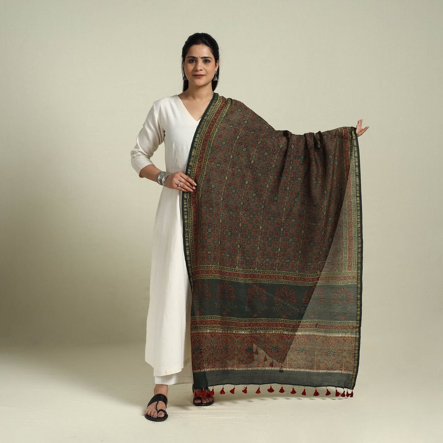 Buy Green Block Print Chanderi Silk Handloom Ajrakh Dupatta