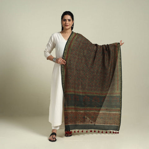 Buy Green Block Print Chanderi Silk Handloom Ajrakh Dupatta