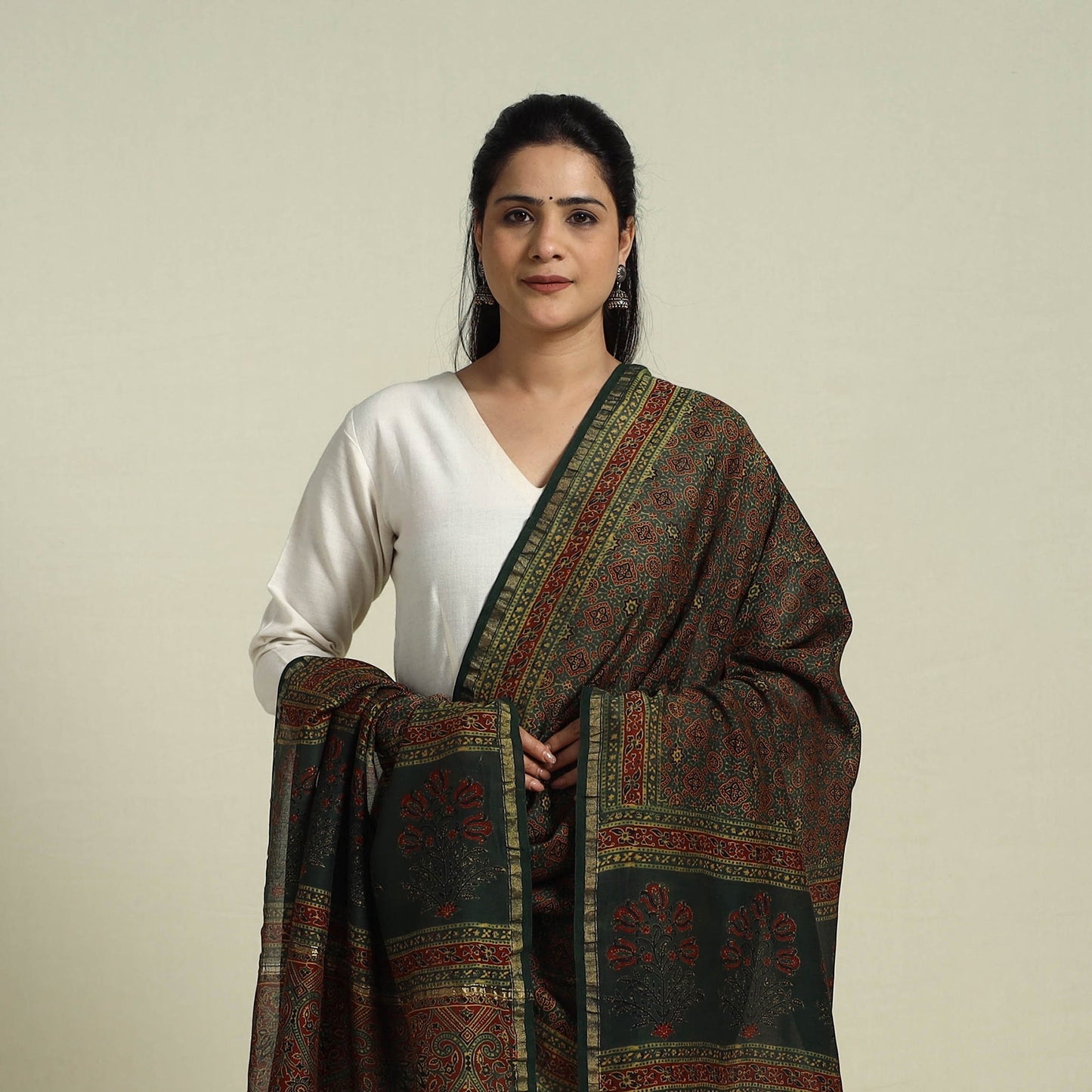 Buy Green Block Print Chanderi Silk Handloom Ajrakh Dupatta