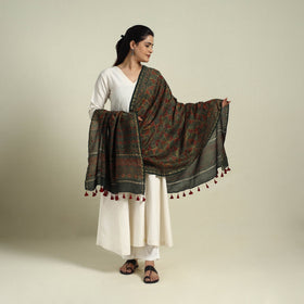 Buy Green Block Print Chanderi Silk Handloom Ajrakh Dupatta
