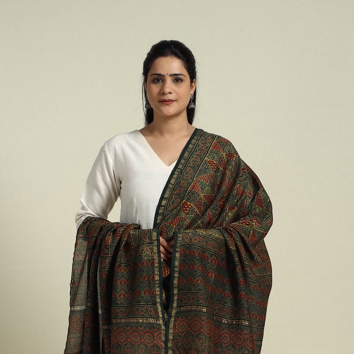 Buy Green Block Print Chanderi Silk Handloom Ajrakh Dupatta