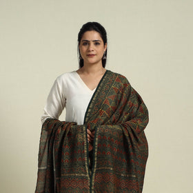 Buy Green Block Print Chanderi Silk Handloom Ajrakh Dupatta