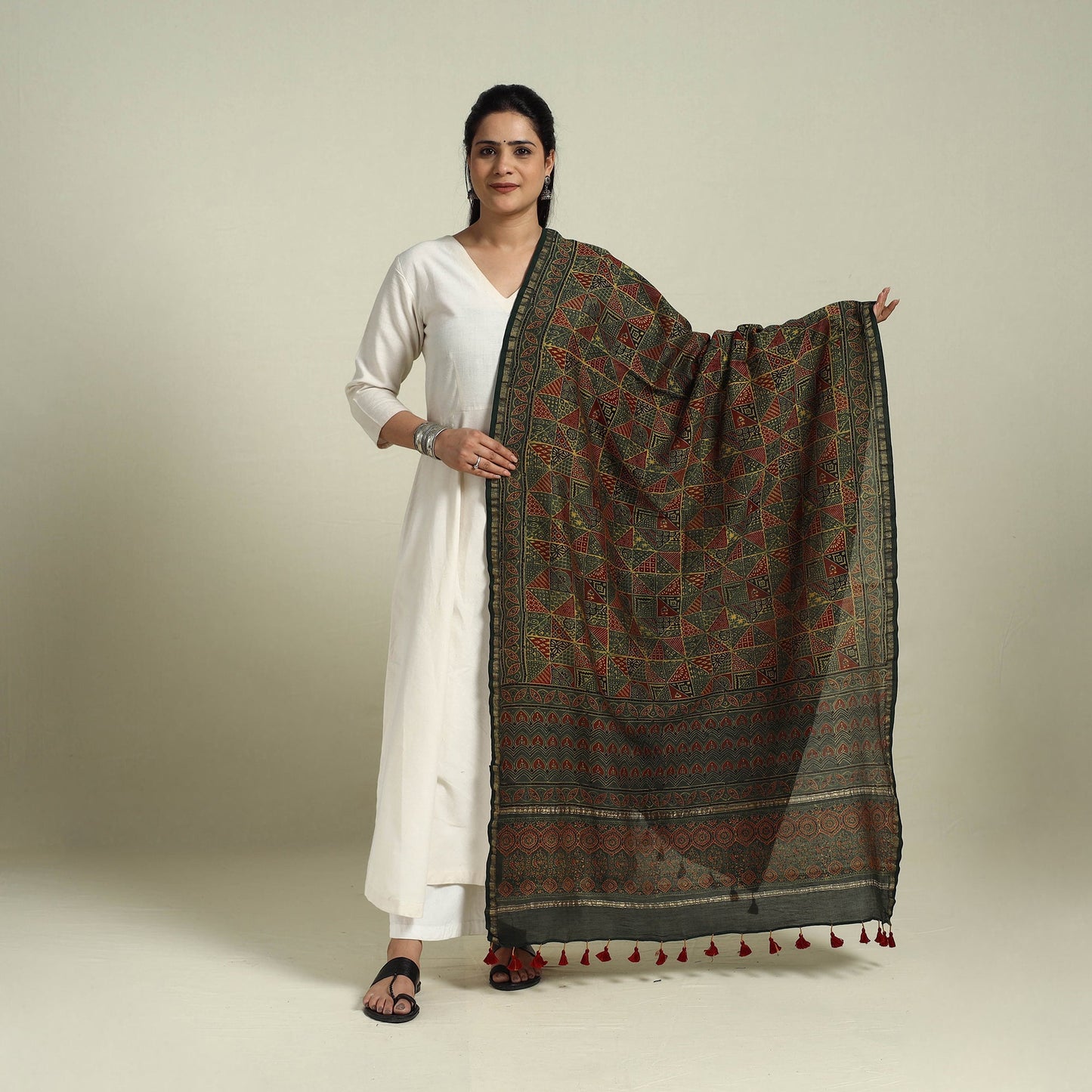 Buy Green Block Print Chanderi Silk Handloom Ajrakh Dupatta