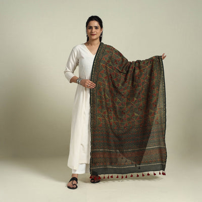 Buy Green Block Print Chanderi Silk Handloom Ajrakh Dupatta