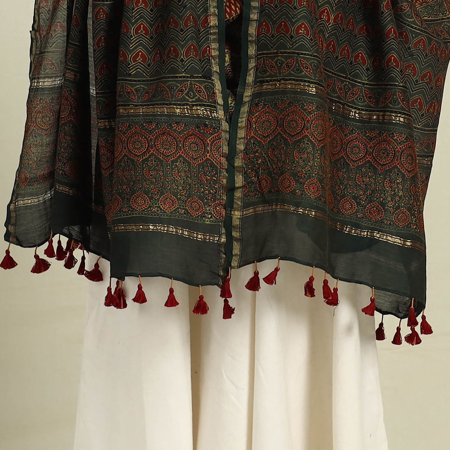 Buy Green Block Print Chanderi Silk Handloom Ajrakh Dupatta