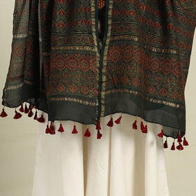 Buy Green Block Print Chanderi Silk Handloom Ajrakh Dupatta