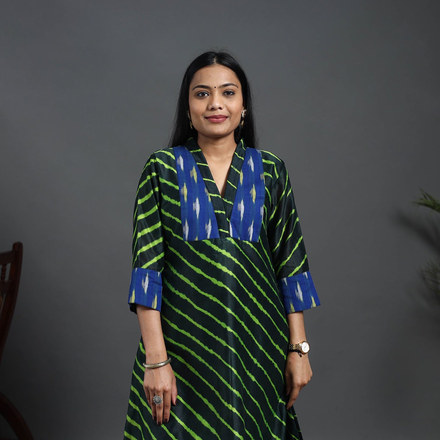 Green Chanderi Silk A-Line Patchwork Tie-Dye Leheriya Kurta for Women