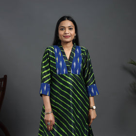 Green Chanderi Silk A-Line Patchwork Tie-Dye Leheriya Kurta for Women