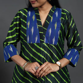 Green Chanderi Silk A-Line Patchwork Tie-Dye Leheriya Kurta for Women