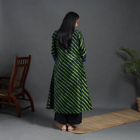 Green Chanderi Silk A-Line Patchwork Tie-Dye Leheriya Kurta for Women