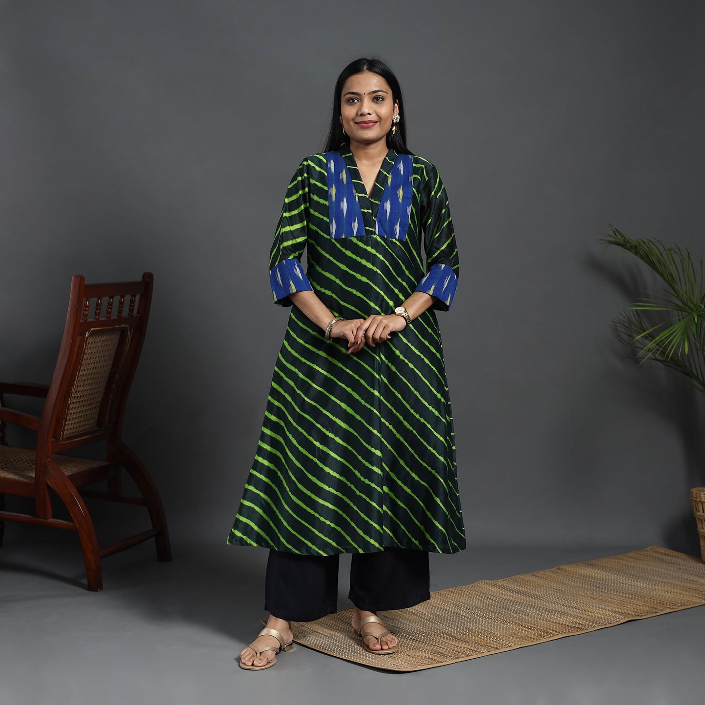 Green Chanderi Silk A-Line Patchwork Tie-Dye Leheriya Kurta for Women