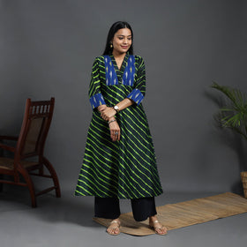 Green Chanderi Silk A-Line Patchwork Tie-Dye Leheriya Kurta for Women