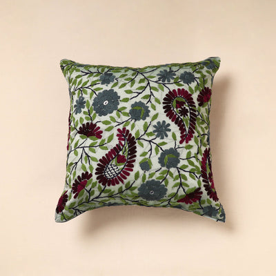 Chanderi Silk Green Phulkari Hand Embroidered Cushion Cover