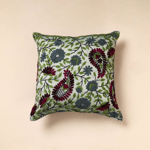 Chanderi Silk Green Phulkari Hand Embroidered Cushion Cover