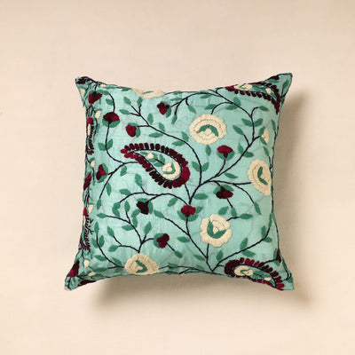 Green Chanderi Silk Phulkari Hand Embroidered Cushion Cover