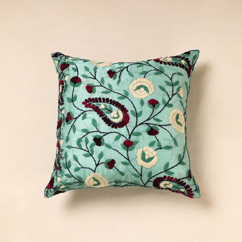 Green Chanderi Silk Phulkari Hand Embroidered Cushion Cover
