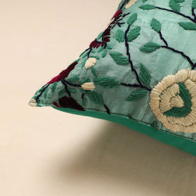 Green Chanderi Silk Phulkari Hand Embroidered Cushion Cover