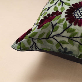 Chanderi Silk Green Phulkari Hand Embroidered Cushion Cover