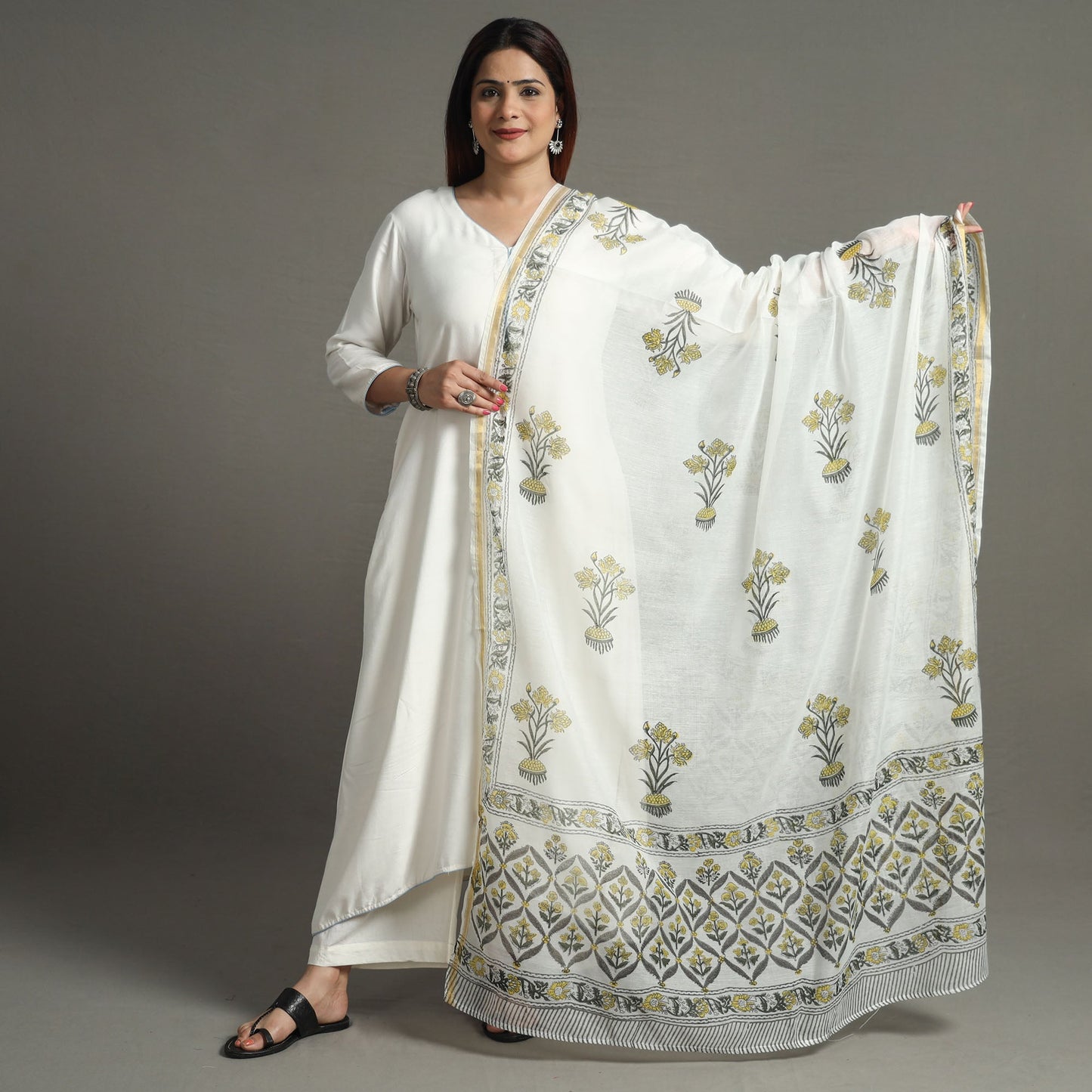 Buy Block Print Chanderi Silk Sanganeri Dupatta