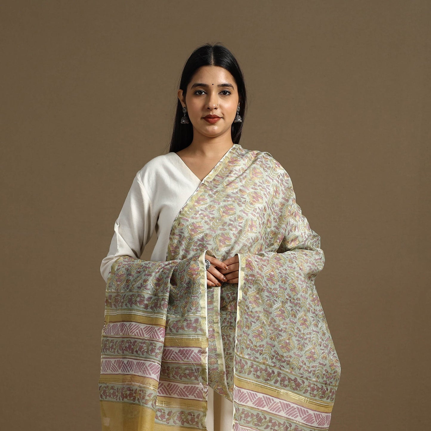 Green - Block Print Chanderi Silk Sanganeri Floral Dupatta 51