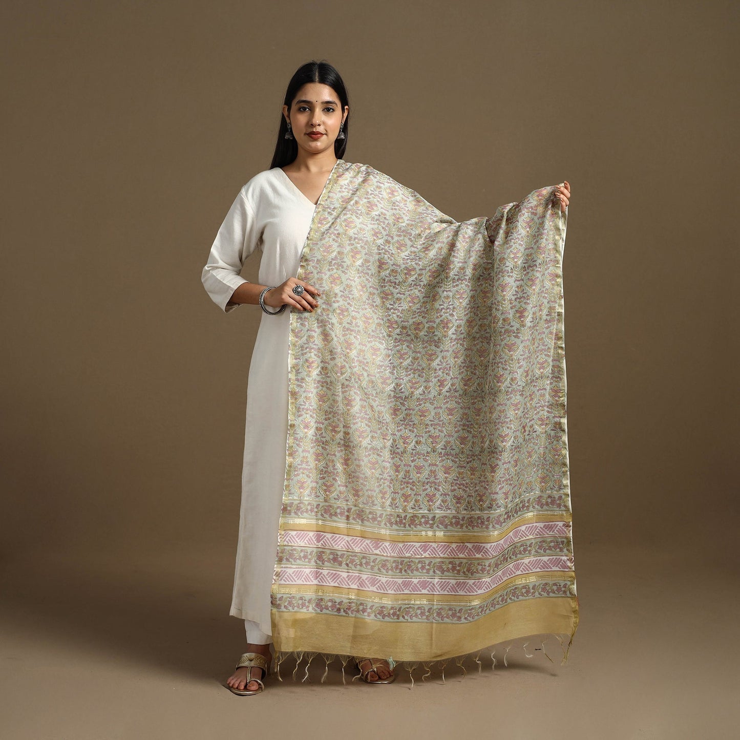 Green - Block Print Chanderi Silk Sanganeri Floral Dupatta 51